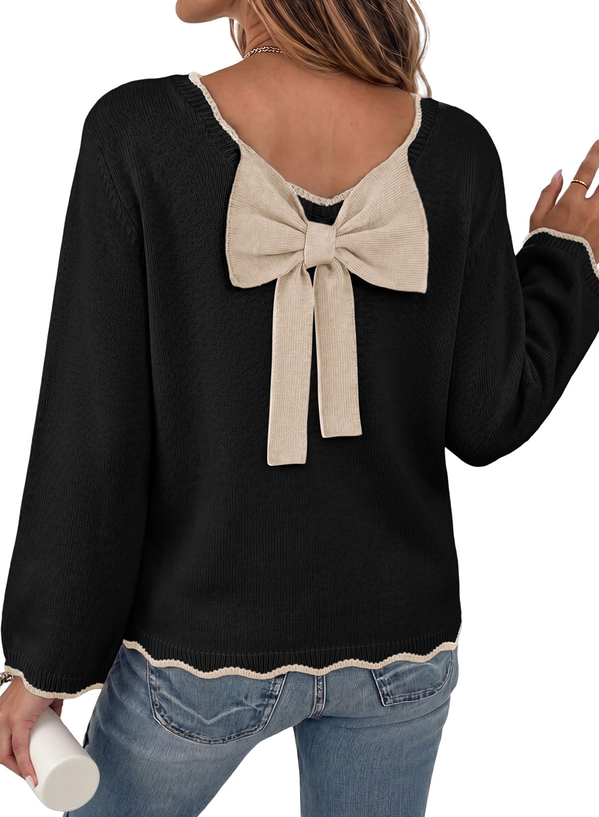 Sweaters for Women Long Sleeve Back Bow Sweaters Fall Pullover Tops