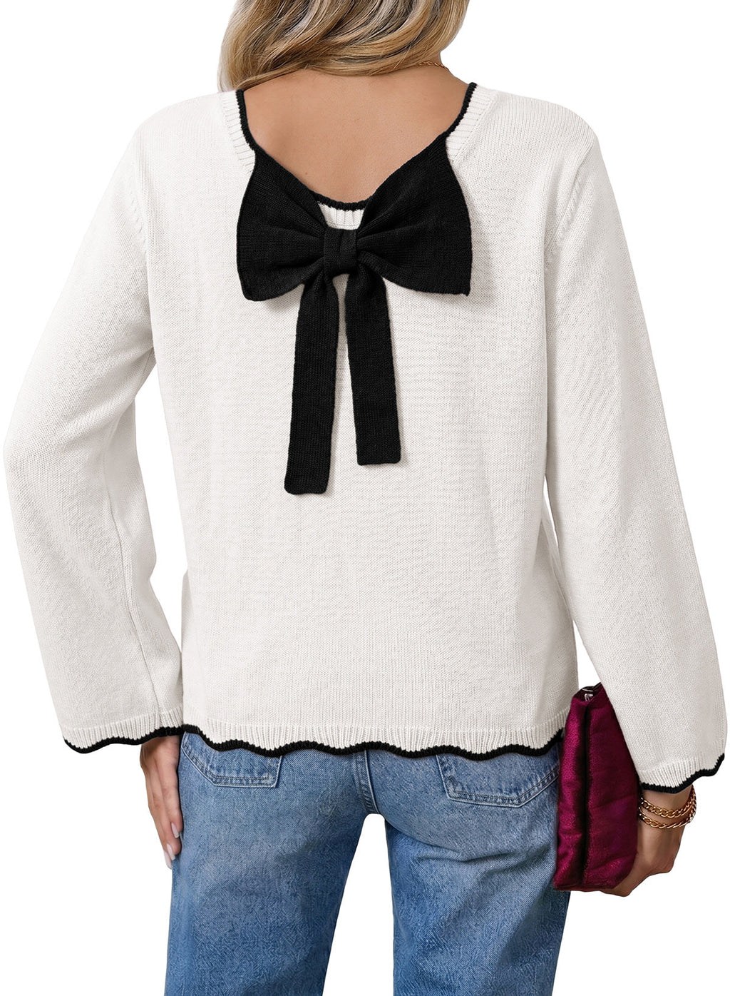 Sweaters for Women Long Sleeve Back Bow Sweaters Fall Pullover Tops