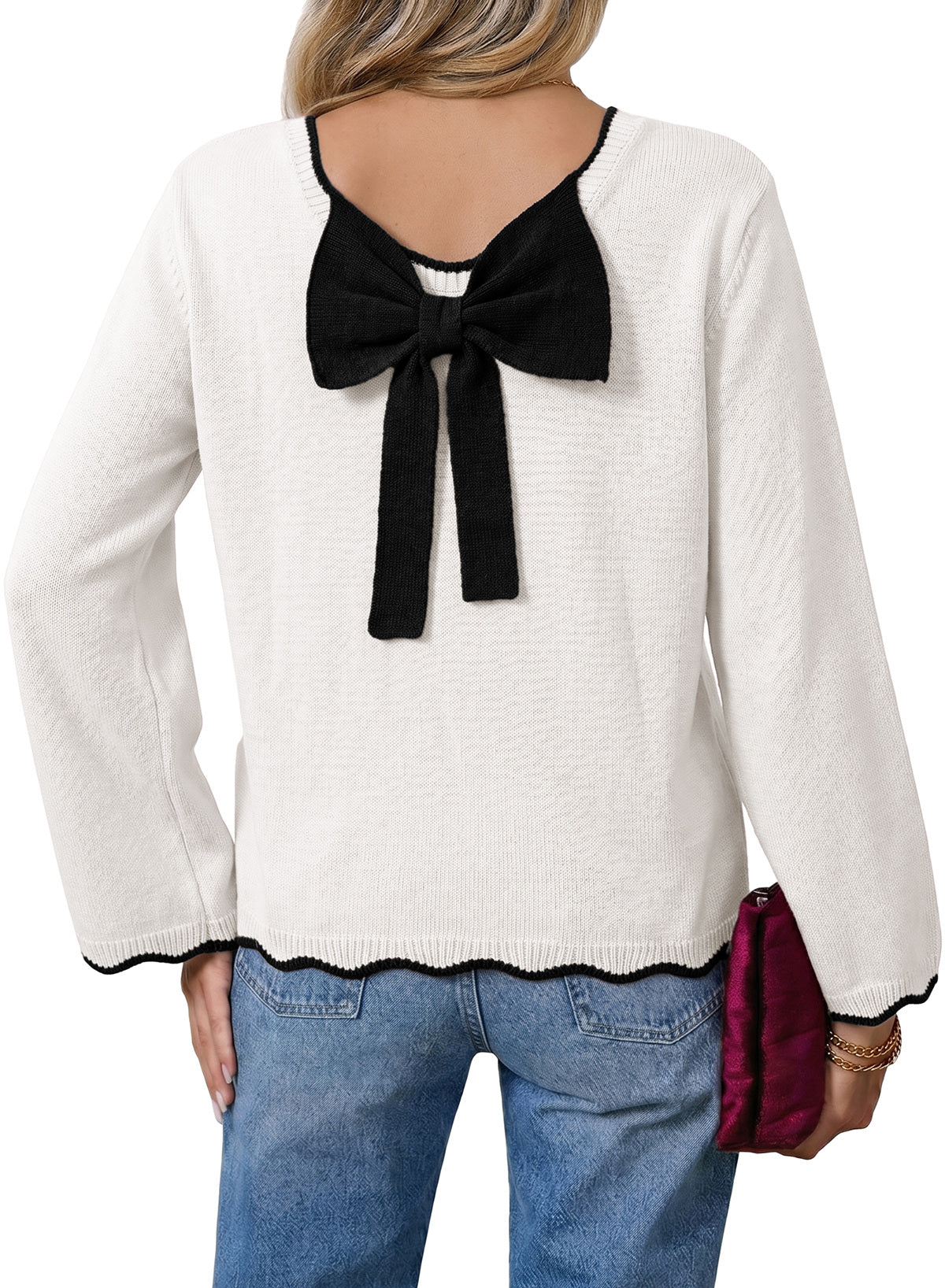 Sweaters for Women Long Sleeve Back Bow Sweaters Fall Pullover Tops