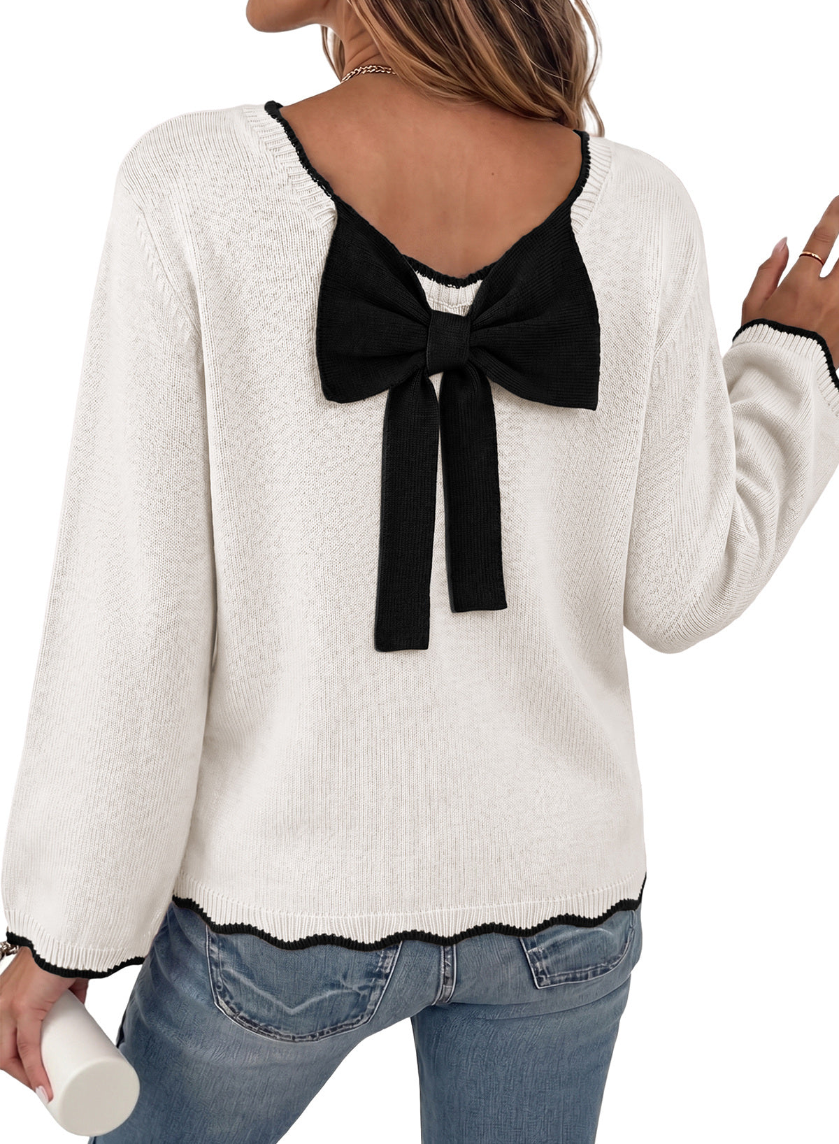 Sweaters for Women Long Sleeve Back Bow Sweaters Fall Pullover Tops