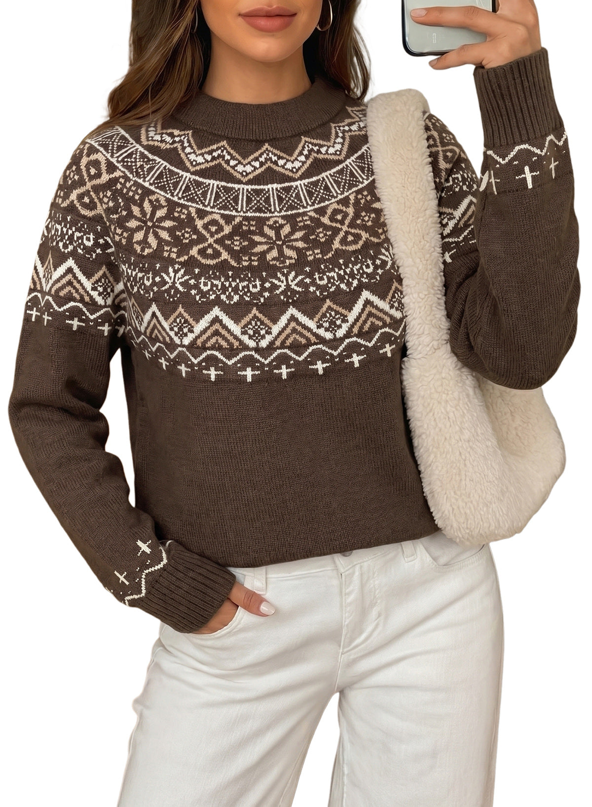 Festive Geometric Print Round Neck Shift Sweater