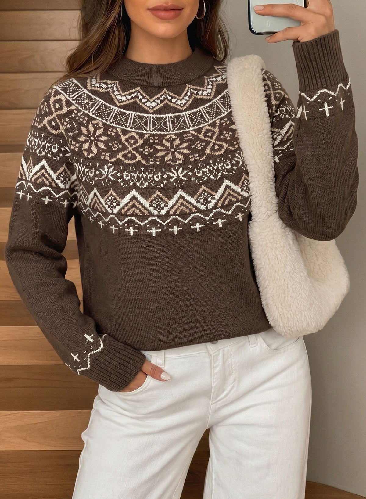 Festive Geometric Print Round Neck Shift Sweater