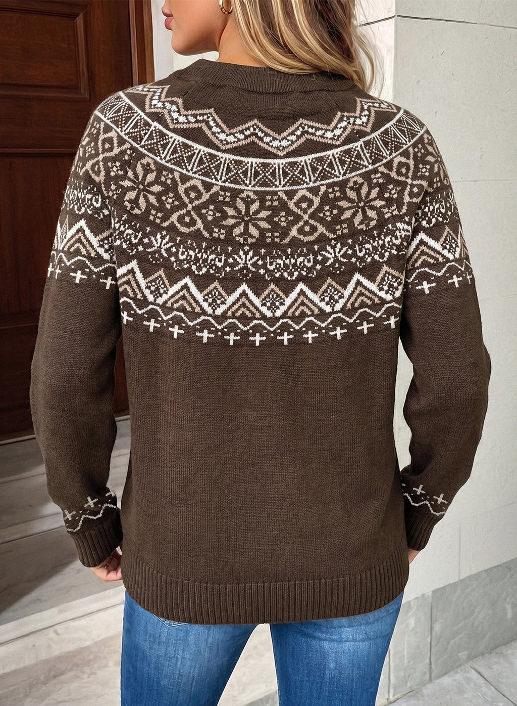 Festive Geometric Print Round Neck Shift Sweater