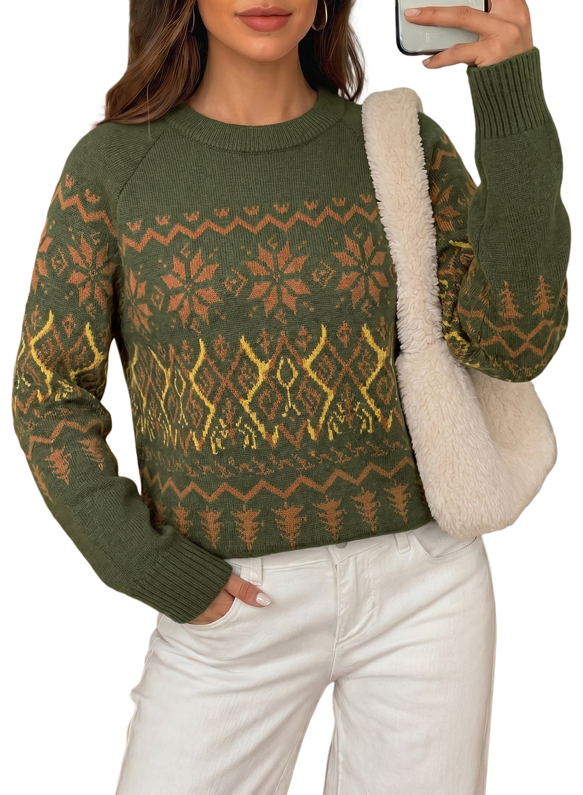 Festive Geometric Print Round Neck Shift Sweater
