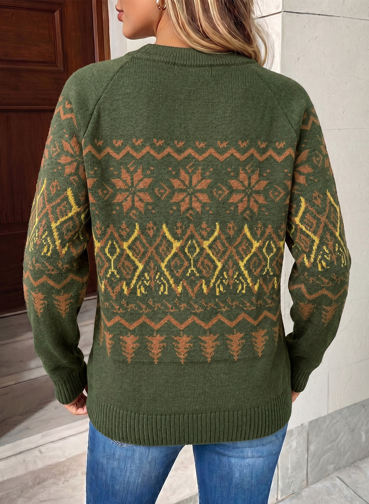 Festive Geometric Print Round Neck Shift Sweater