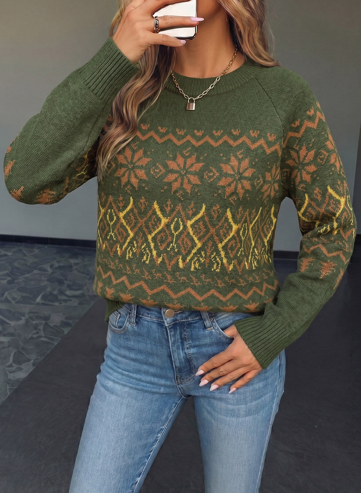 Festive Geometric Print Round Neck Shift Sweater