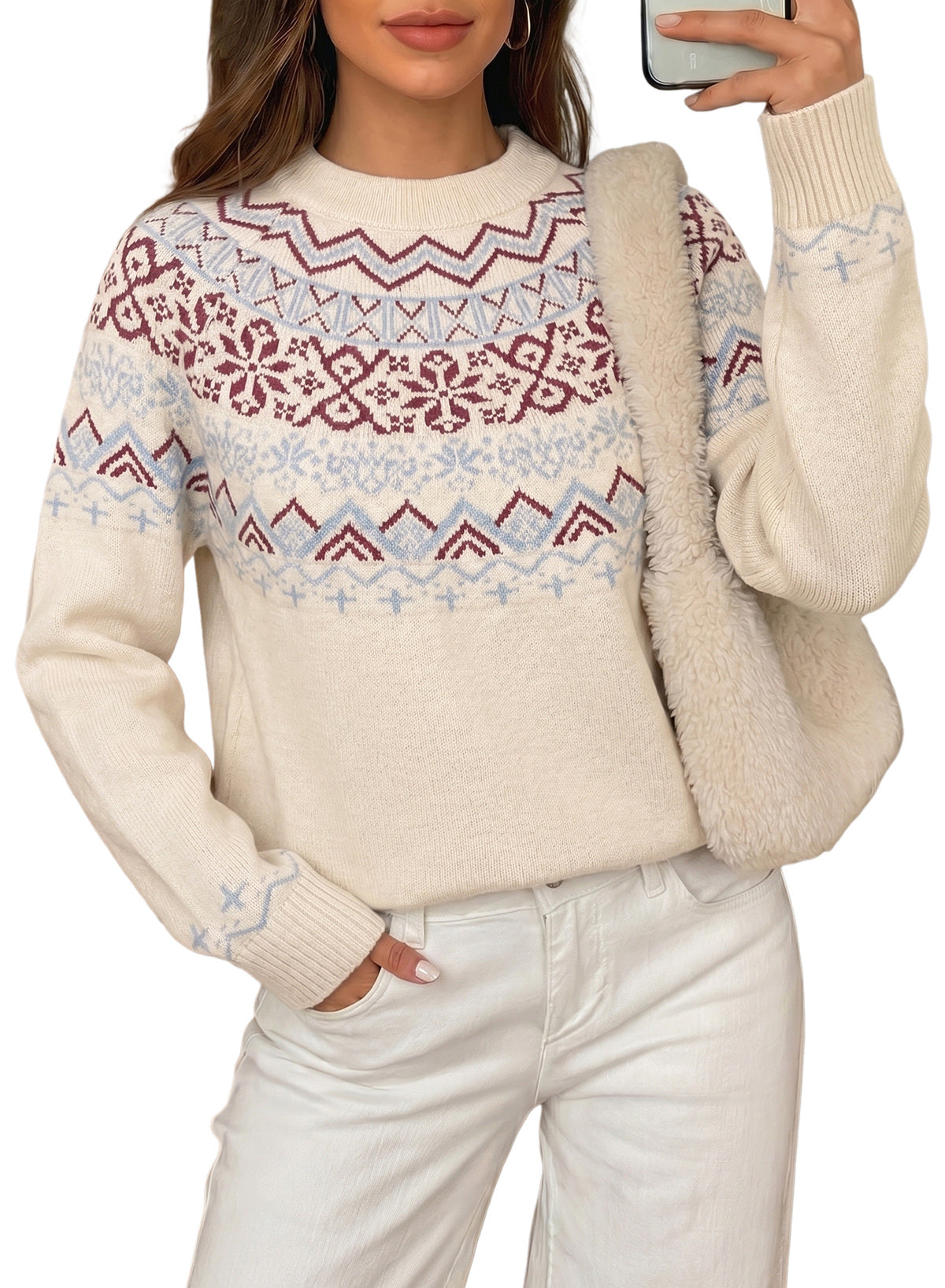 Festive Geometric Print Round Neck Shift Sweater