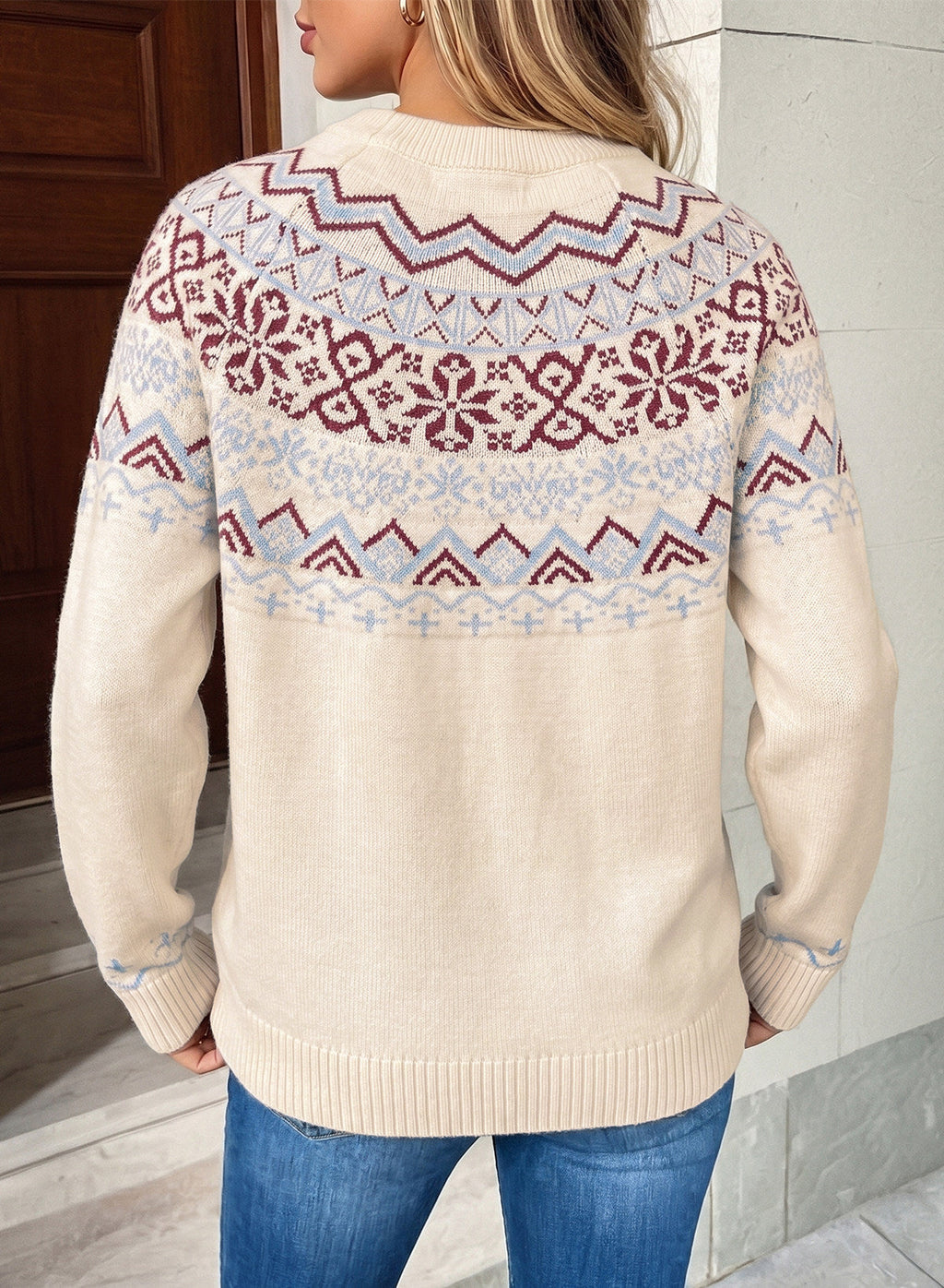 Festive Geometric Print Round Neck Shift Sweater