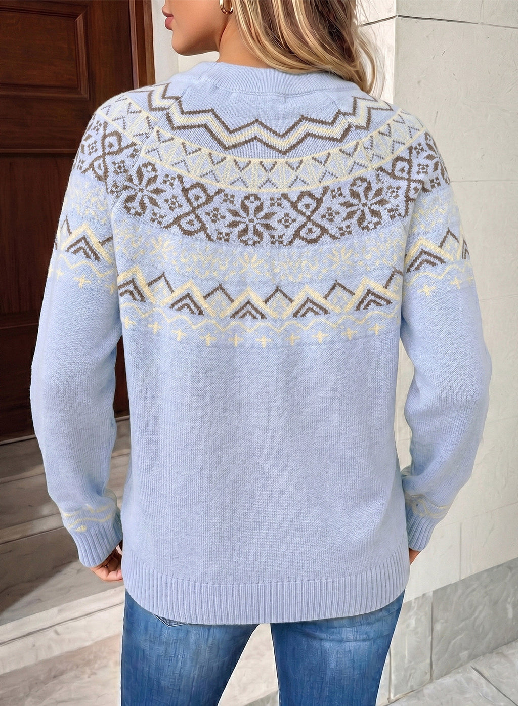 Festive Geometric Print Round Neck Shift Sweater