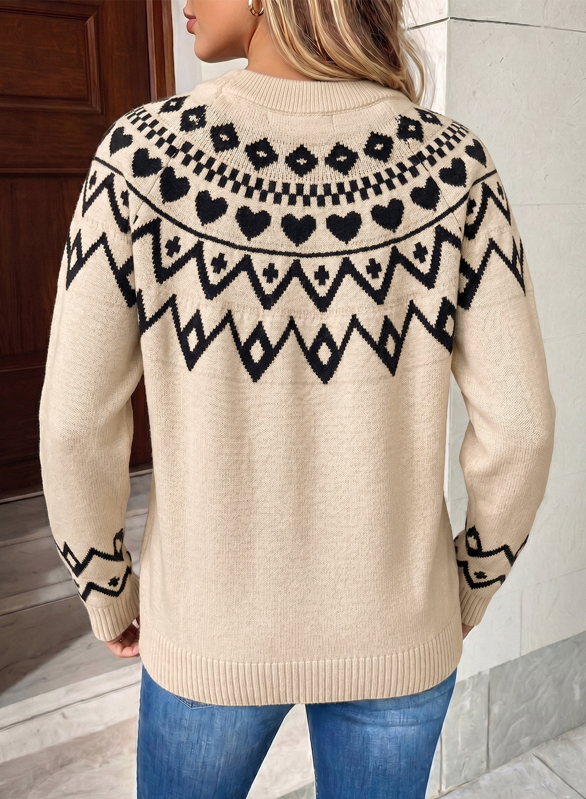 Festive Geometric Print Round Neck Shift Sweater