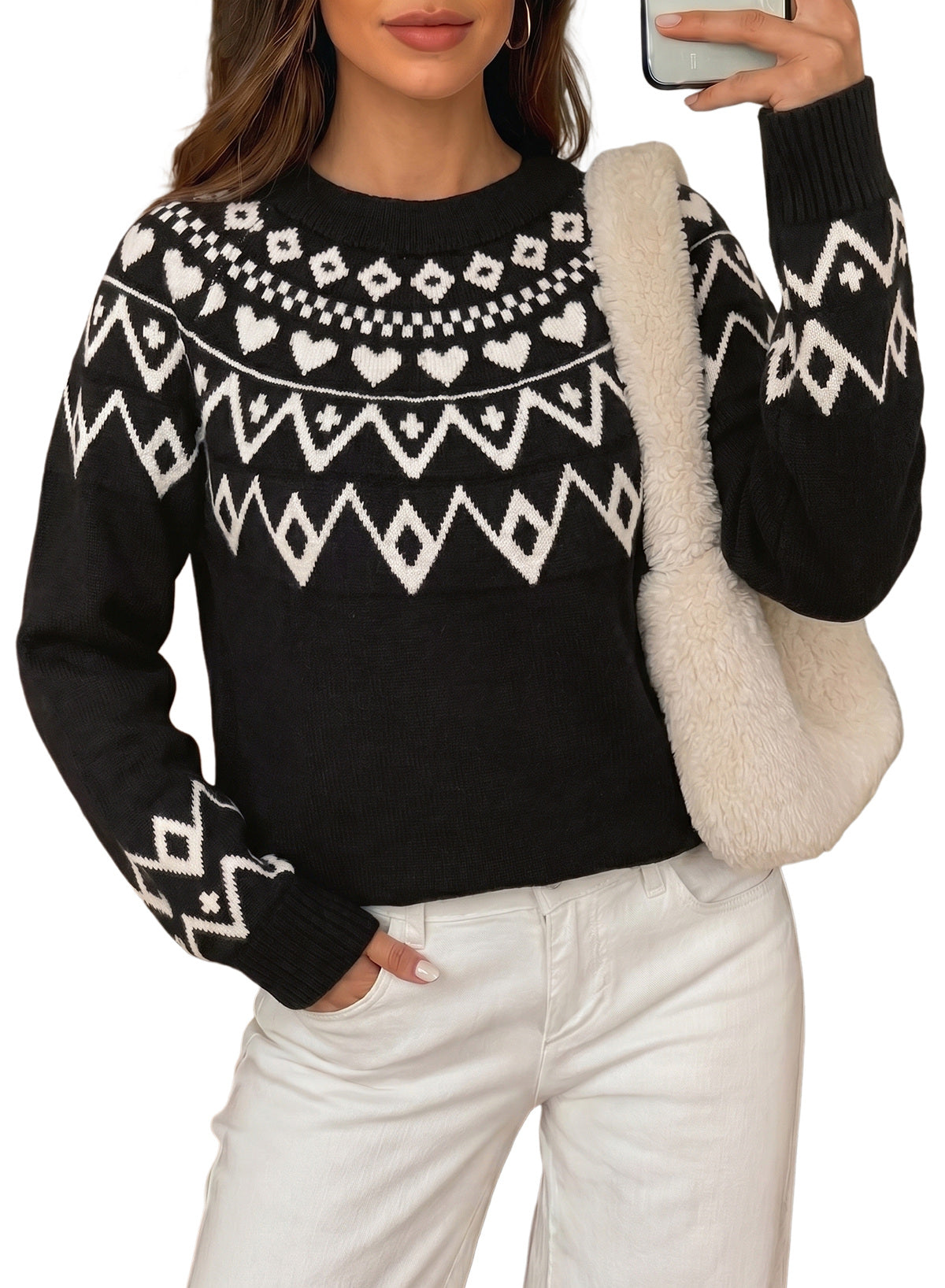 Festive Geometric Print Round Neck Shift Sweater
