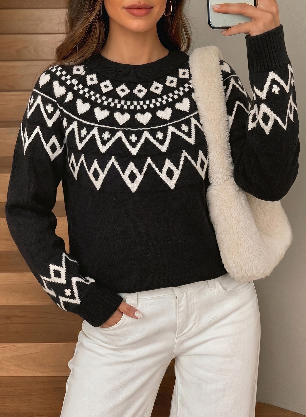 Festive Geometric Print Round Neck Shift Sweater