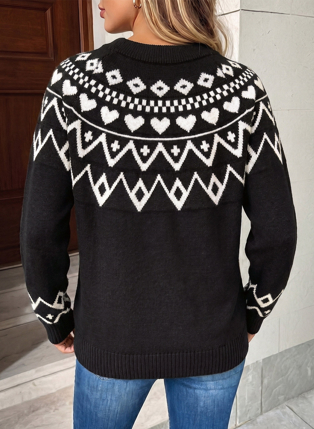 Festive Geometric Print Round Neck Shift Sweater