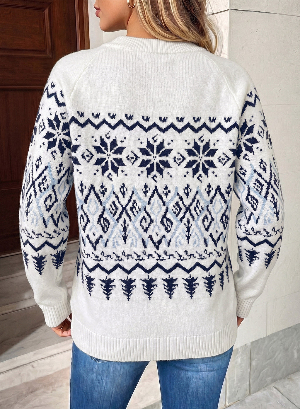 Festive Geometric Print Round Neck Shift Sweater