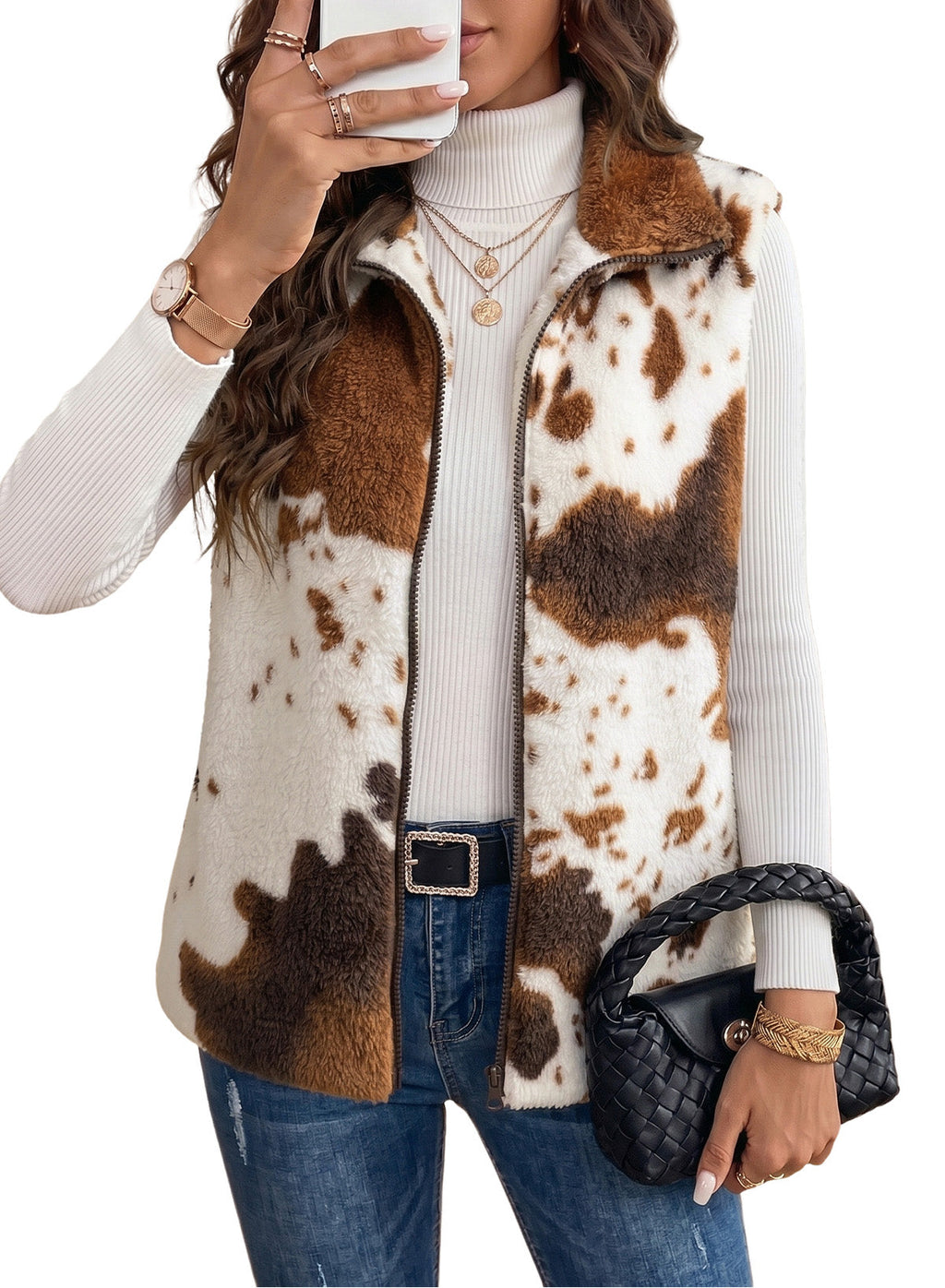 Dokotoo Womens Fleece Vest Zip Up Cow Print Sherpa Sleeveless Jacket