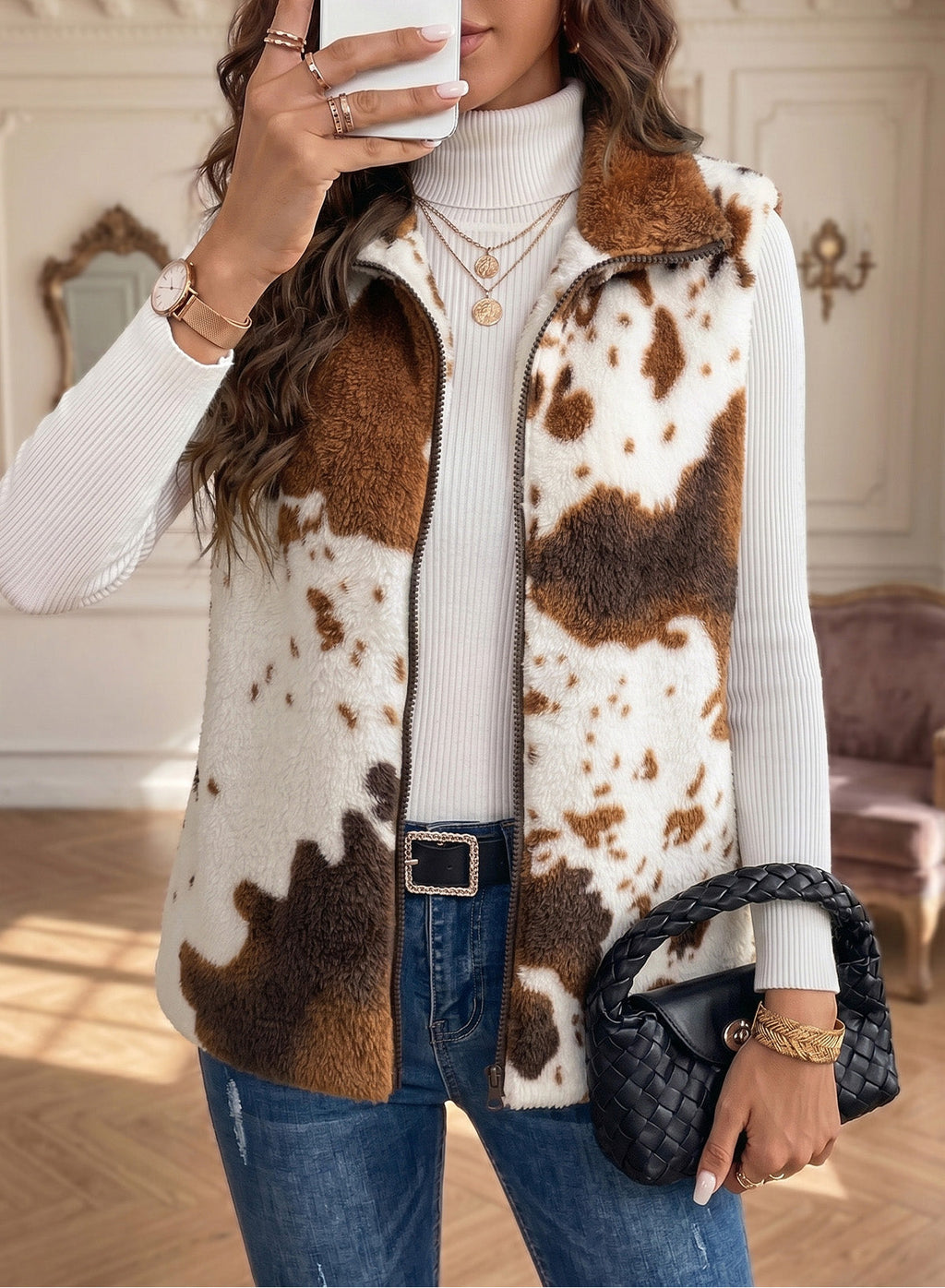 Dokotoo Womens Fleece Vest Zip Up Cow Print Sherpa Sleeveless Jacket