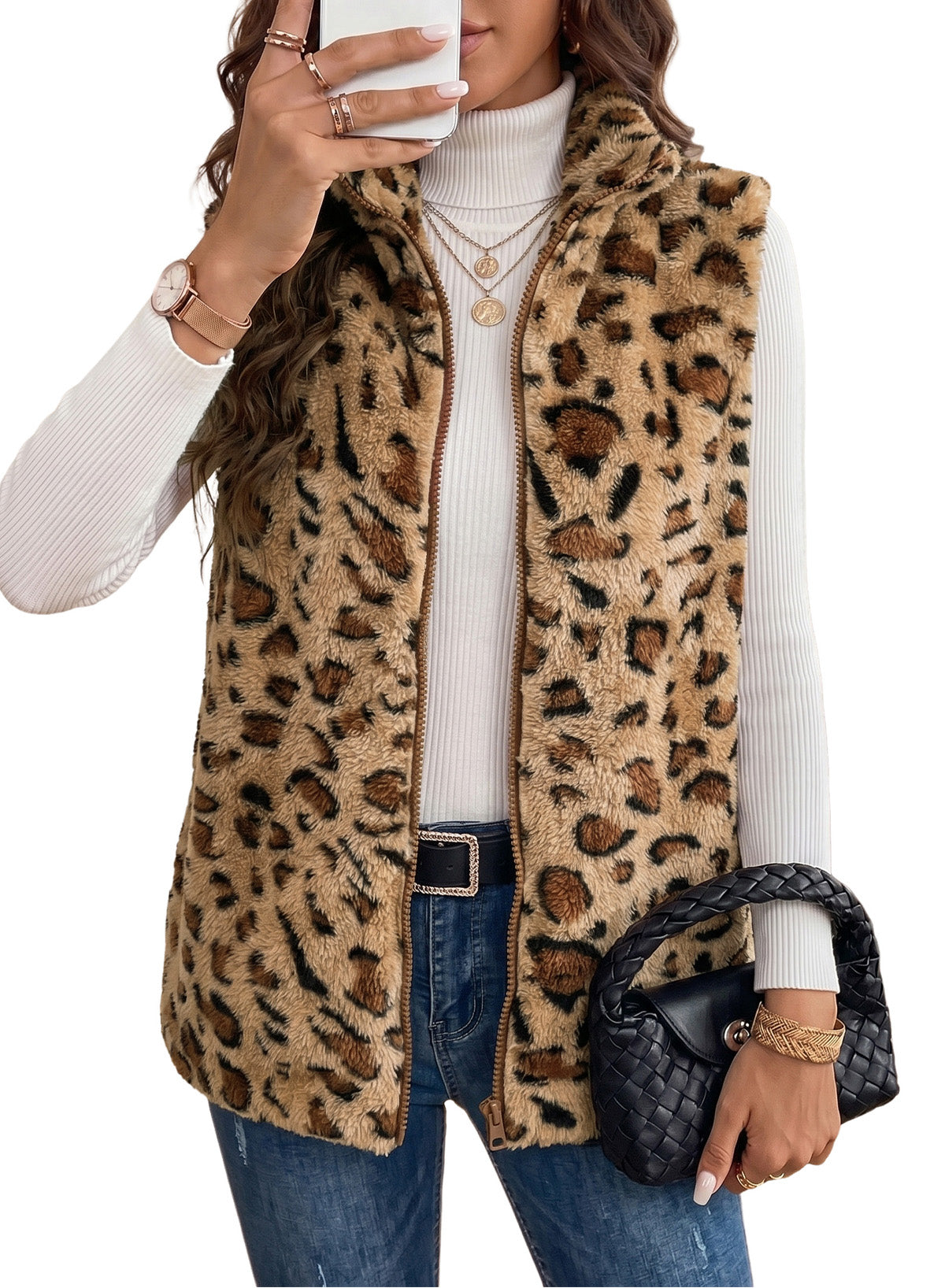 Dokotoo Womens Fleece Vest Zip Up Cow Print Sherpa Sleeveless Jacket
