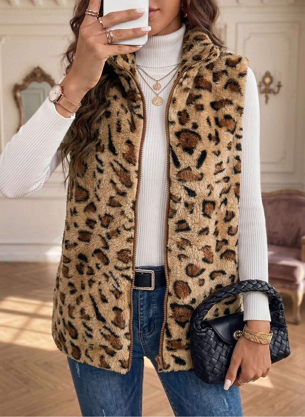 Dokotoo Womens Fleece Vest Zip Up Cow Print Sherpa Sleeveless Jacket