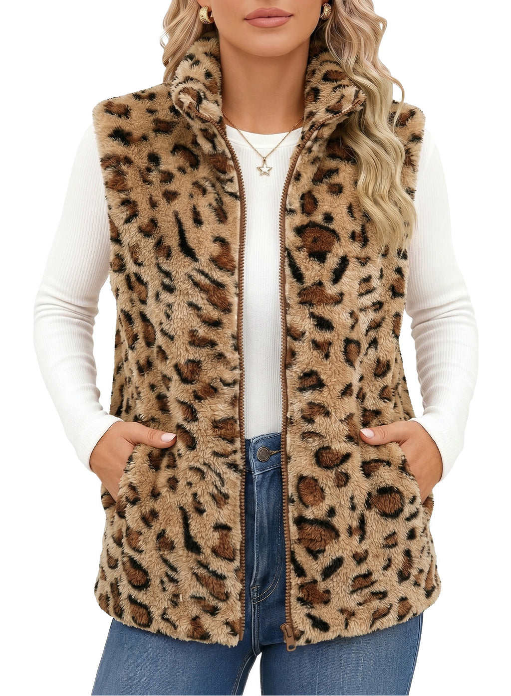 Dokotoo Womens Fleece Vest Zip Up Cow Print Sherpa Sleeveless Jacket