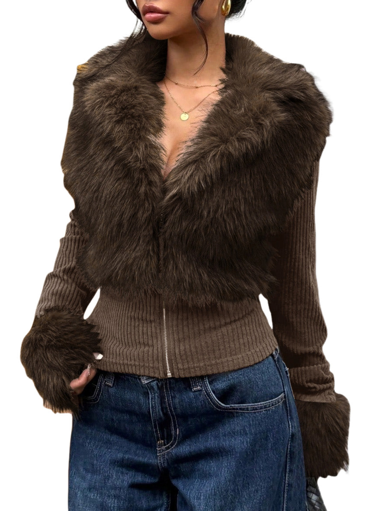 Fashionable Street Style Women's Dark Grey Faux Fur Zip-Up Long Sleeve Jacket, Autumn Clothing,Fall,Fall Clothes For Women