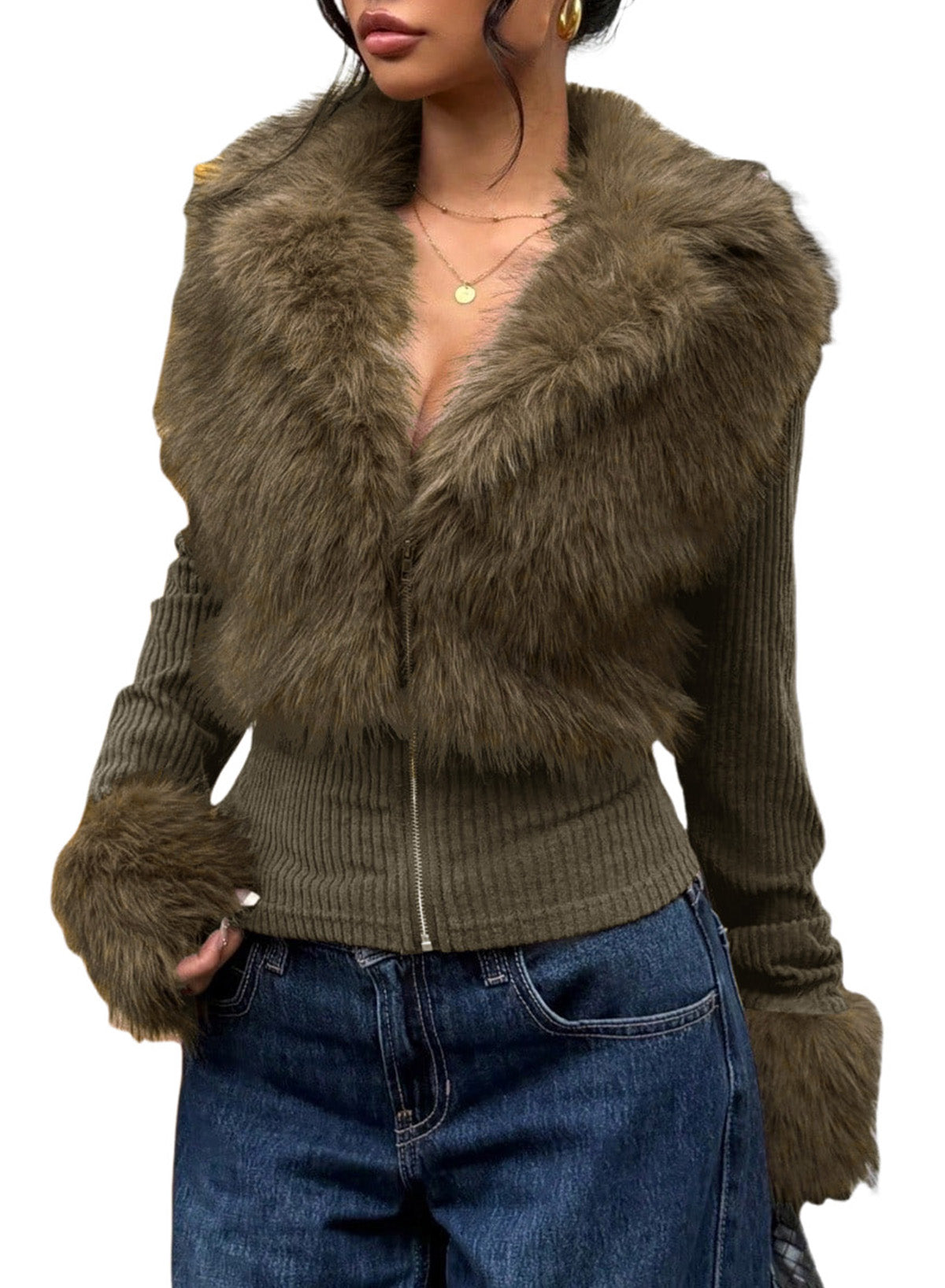 Fashionable Street Style Women's Dark Grey Faux Fur Zip-Up Long Sleeve Jacket, Autumn Clothing,Fall,Fall Clothes For Women