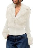 Fashionable Street Style Women's Dark Grey Faux Fur Zip-Up Long Sleeve Jacket, Autumn Clothing,Fall,Fall Clothes For Women