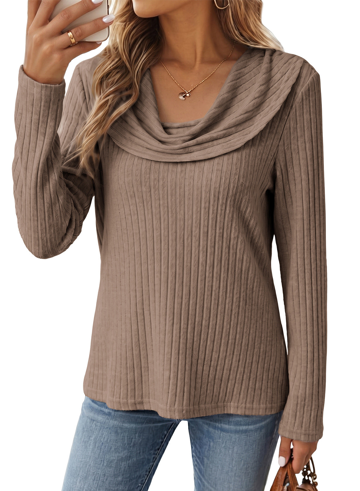 Solid Color Ribbed Knit Cowl Neck Sweater