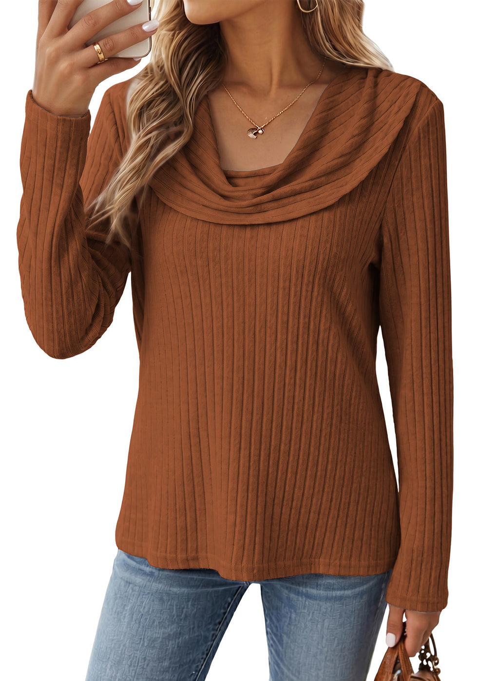 Solid Color Ribbed Knit Cowl Neck Sweater