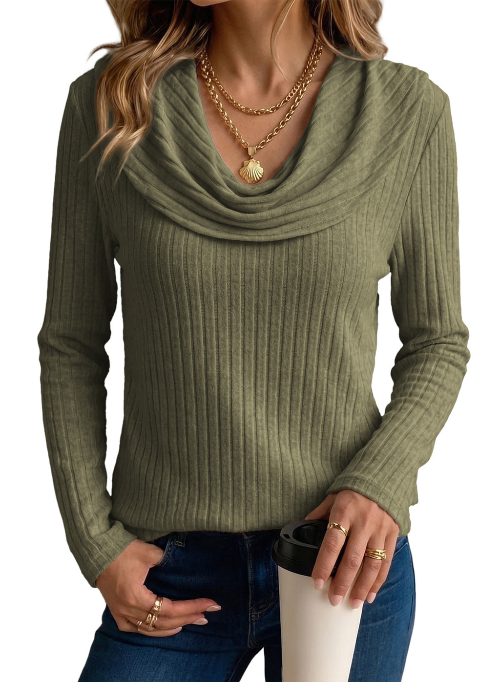 Solid Color Ribbed Knit Cowl Neck Sweater