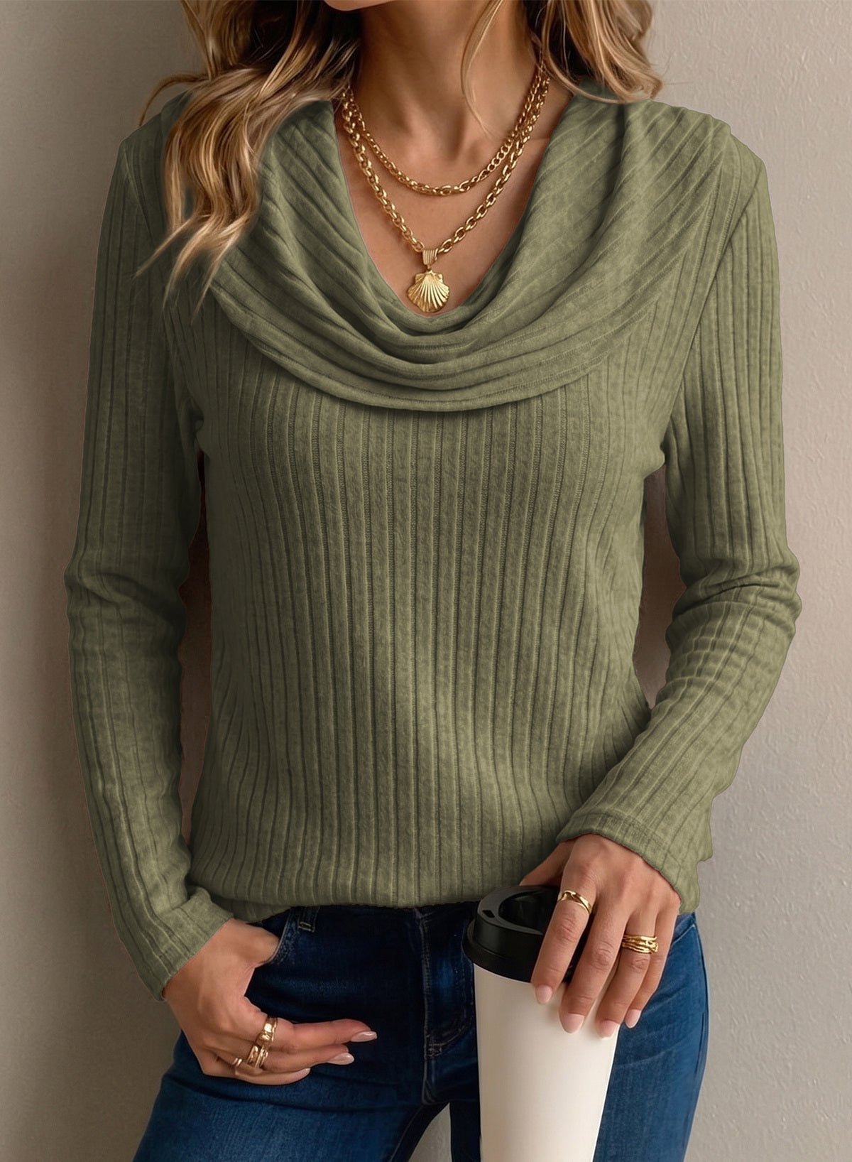 Solid Color Ribbed Knit Cowl Neck Sweater