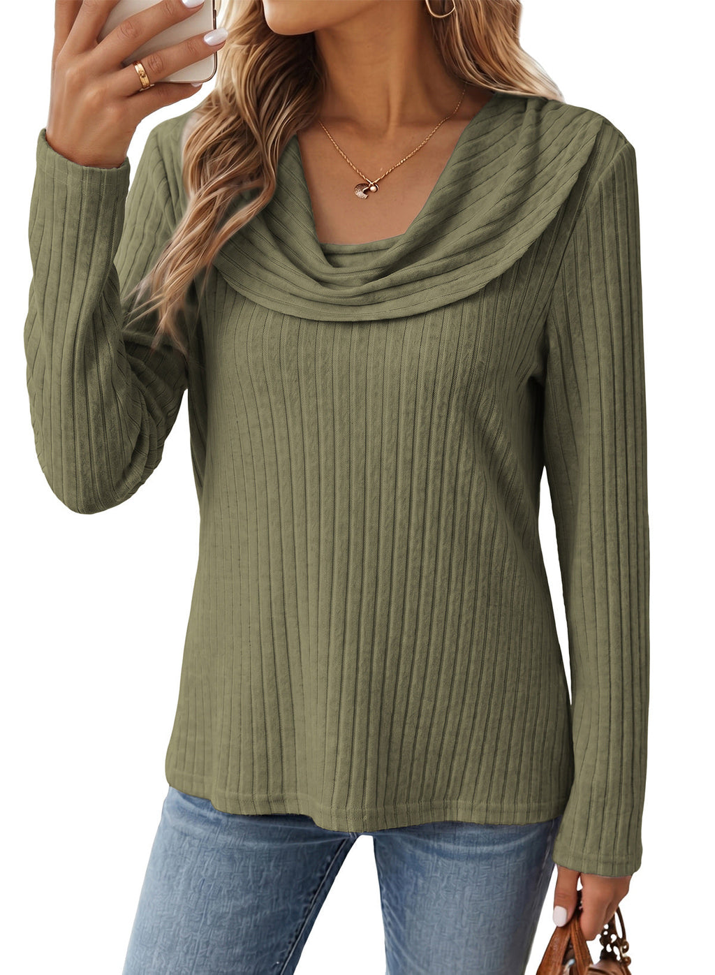 Solid Color Ribbed Knit Cowl Neck Sweater