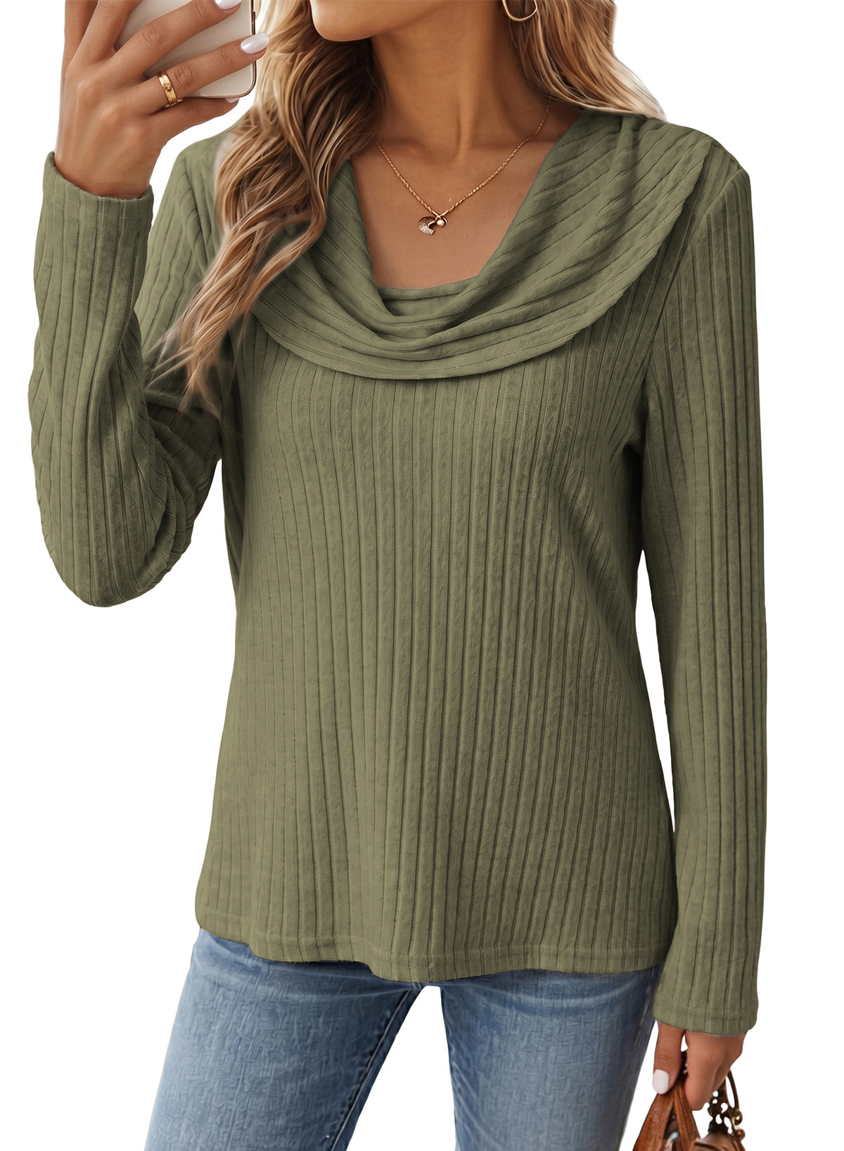 Solid Color Ribbed Knit Cowl Neck Sweater