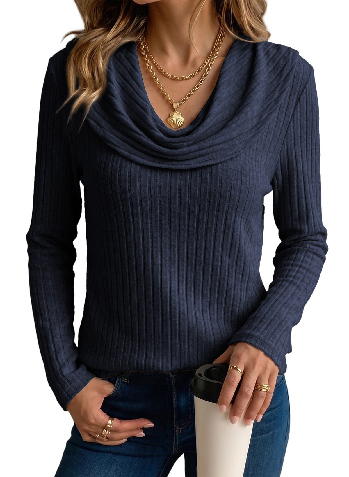 Solid Color Ribbed Knit Cowl Neck Sweater