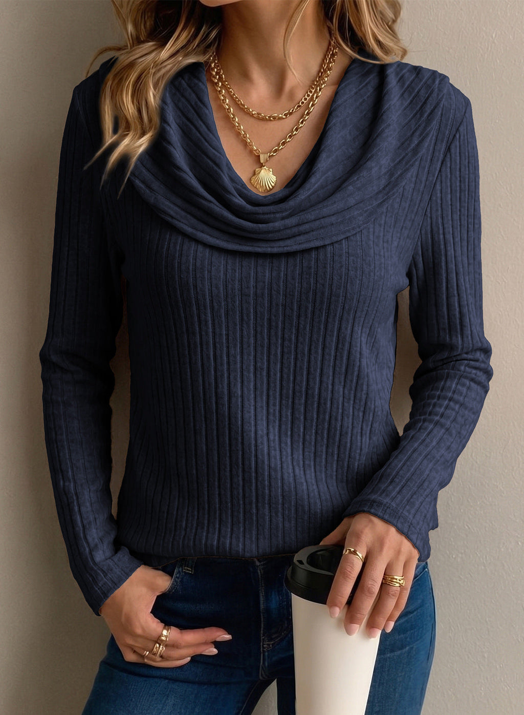 Solid Color Ribbed Knit Cowl Neck Sweater