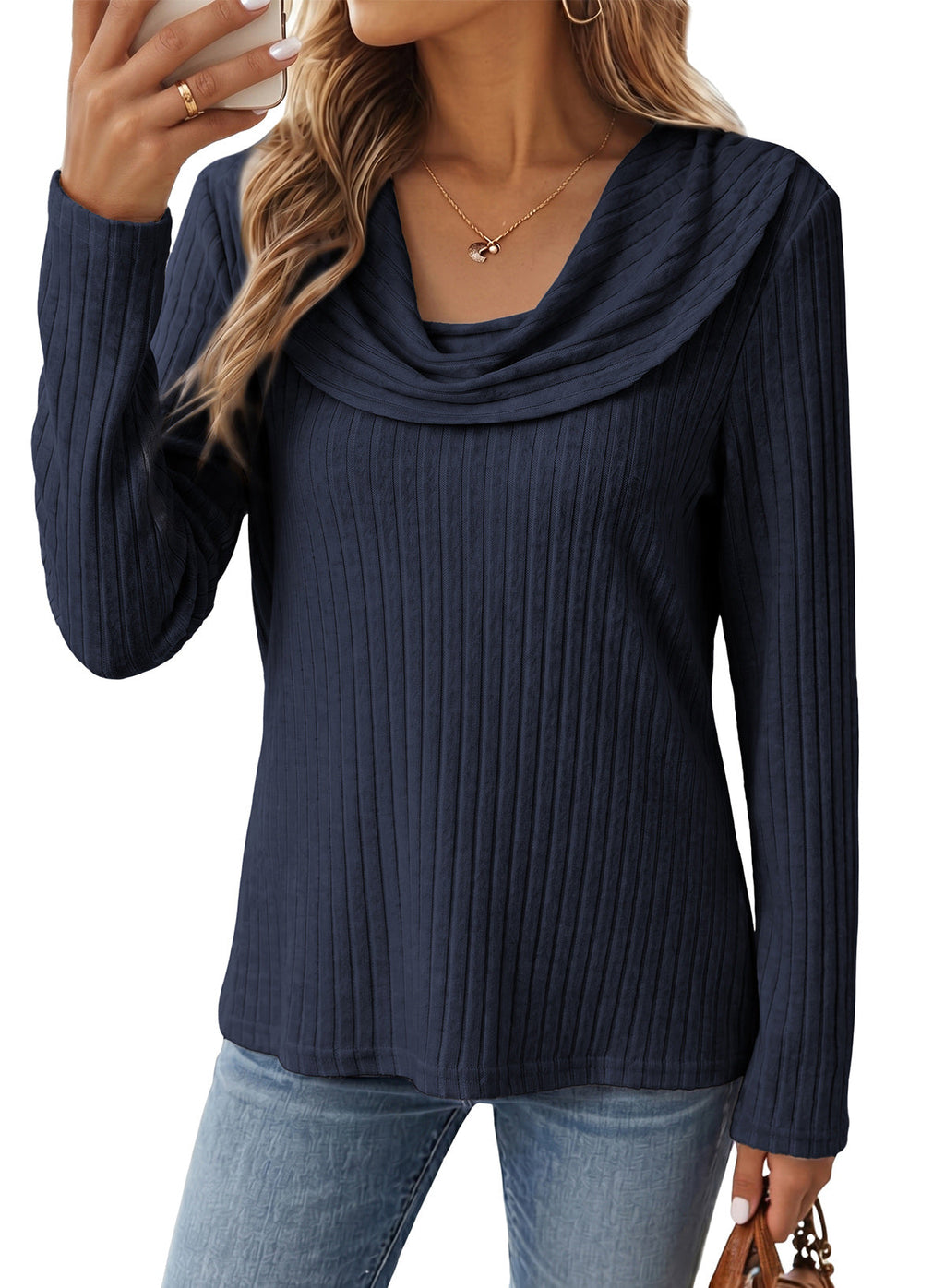 Solid Color Ribbed Knit Cowl Neck Sweater