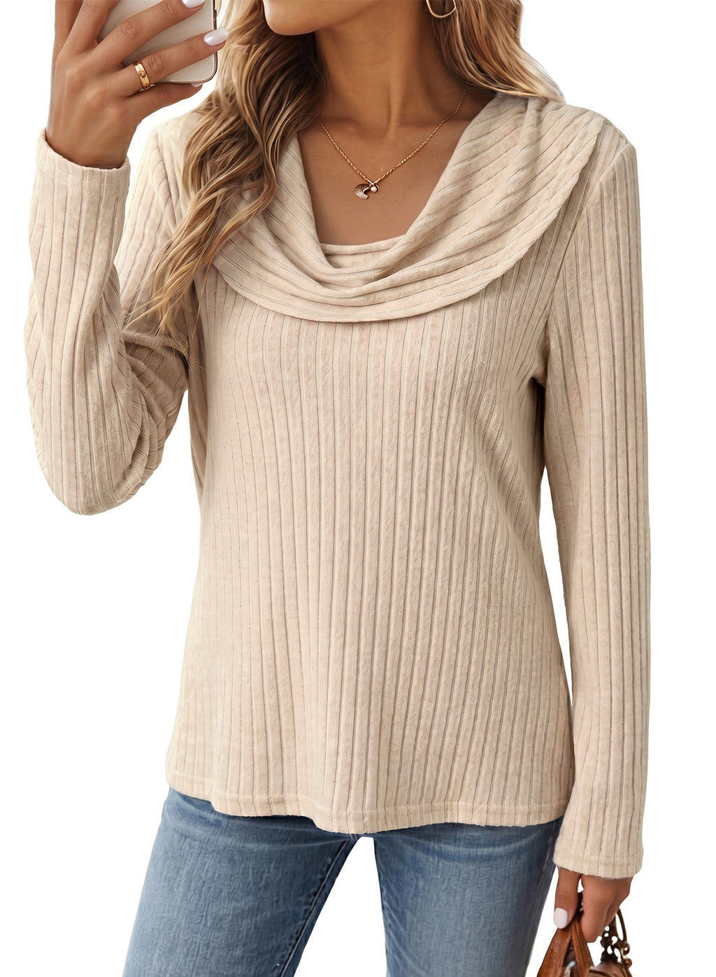 Solid Color Ribbed Knit Cowl Neck Sweater