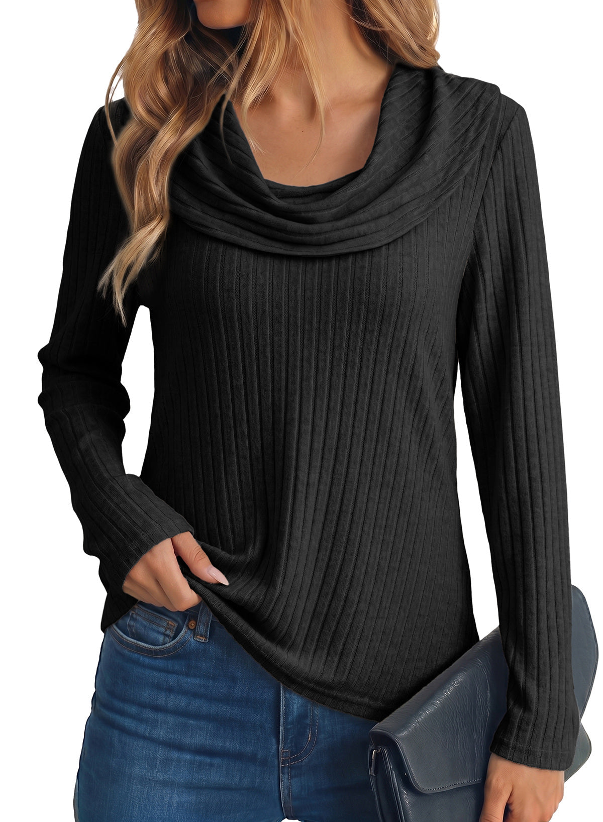 Solid Color Ribbed Knit Cowl Neck Sweater