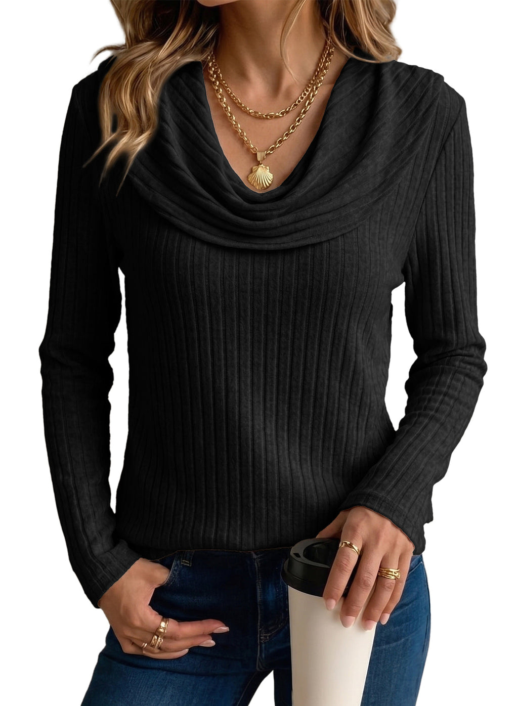 Solid Color Ribbed Knit Cowl Neck Sweater