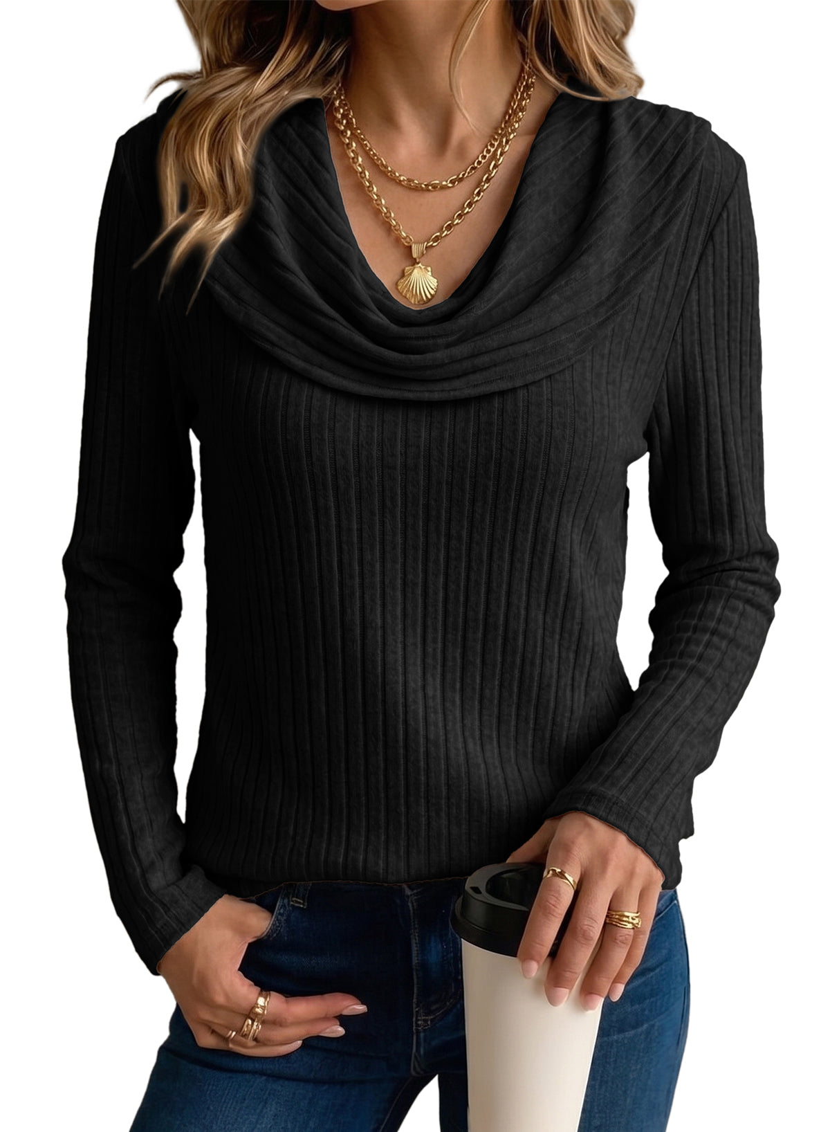 Solid Color Ribbed Knit Cowl Neck Sweater