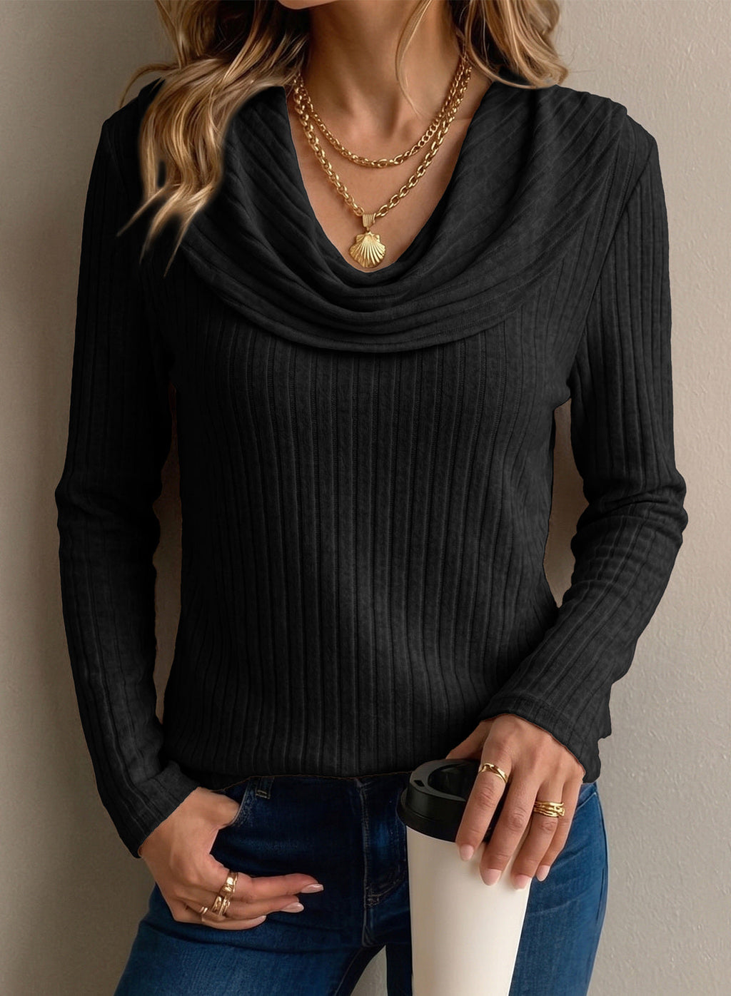 Solid Color Ribbed Knit Cowl Neck Sweater