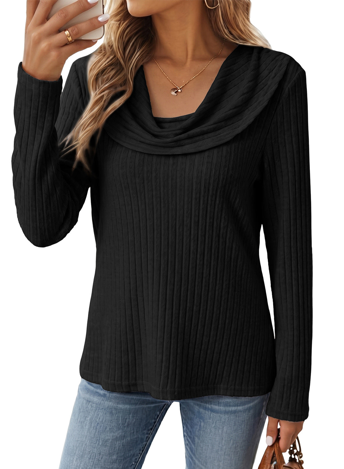 Solid Color Ribbed Knit Cowl Neck Sweater