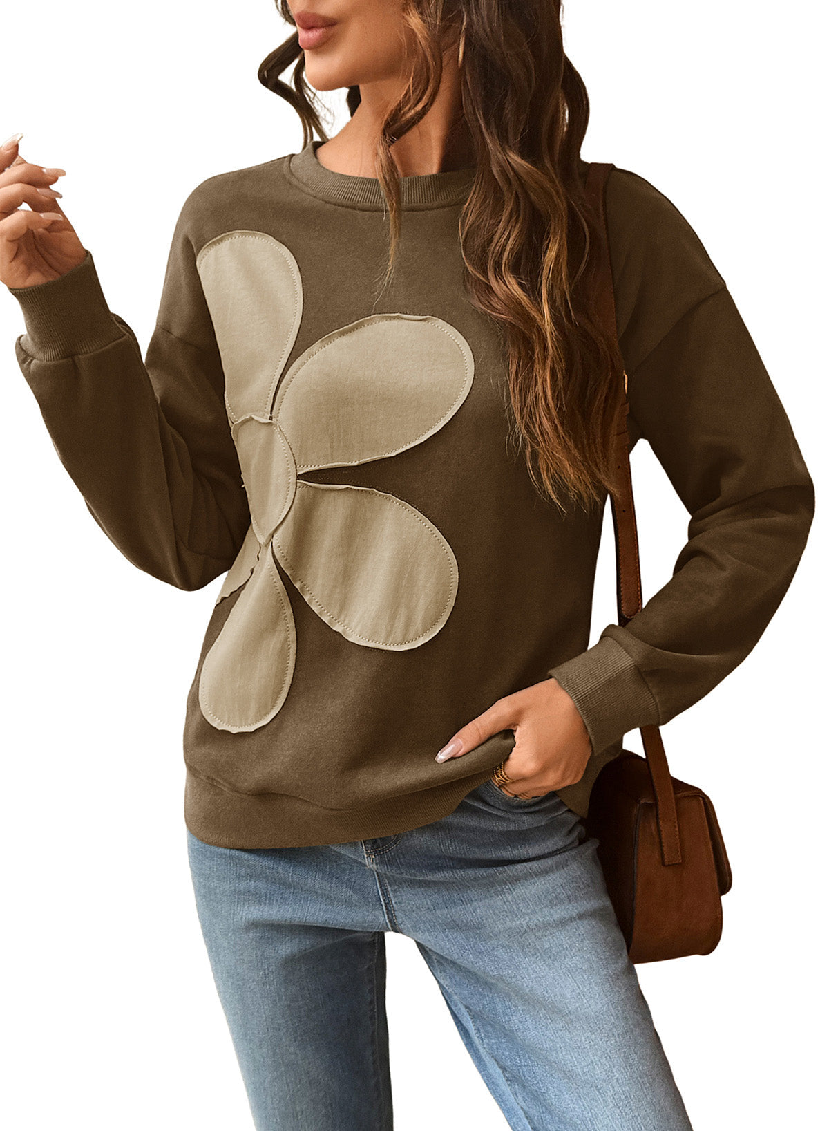 Womens Sweatshirt Long Sleeve Crew Neck Pullover Tops Floral Clothes
