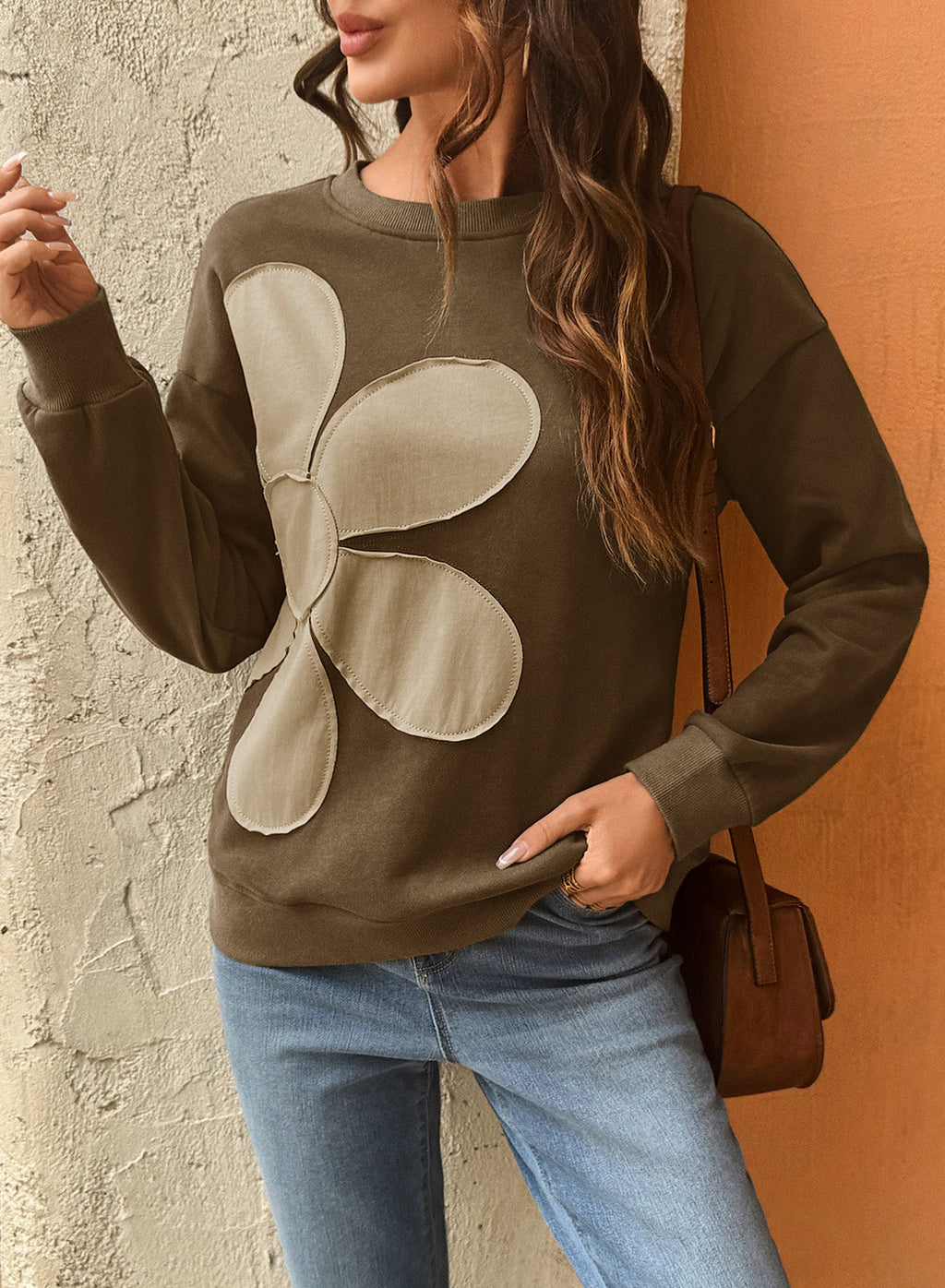 Womens Sweatshirt Long Sleeve Crew Neck Pullover Tops Floral Clothes
