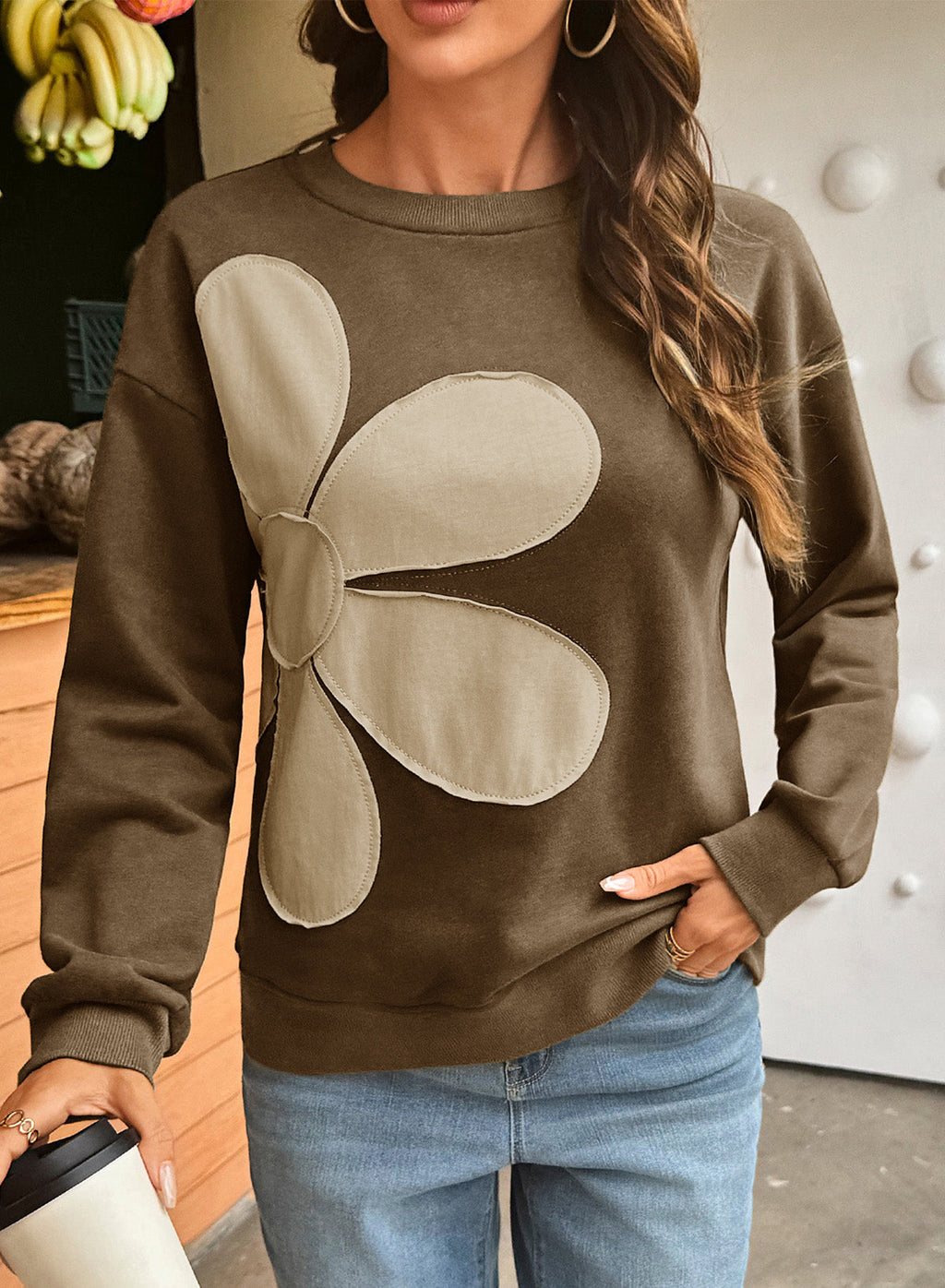 Womens Sweatshirt Long Sleeve Crew Neck Pullover Tops Floral Clothes