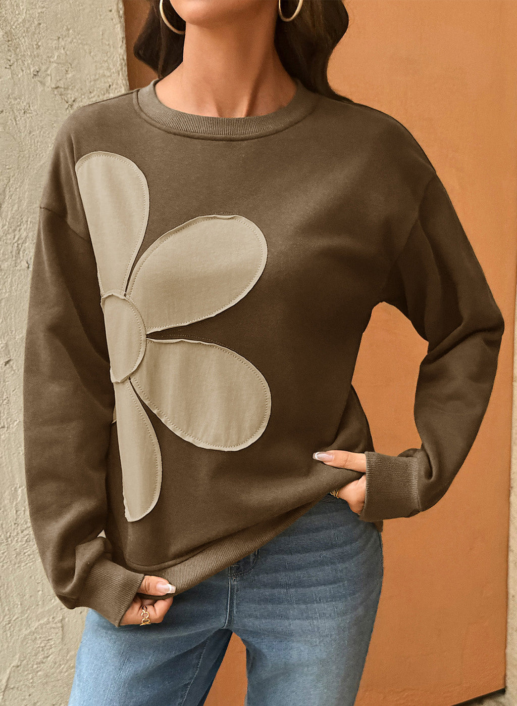 Womens Sweatshirt Long Sleeve Crew Neck Pullover Tops Floral Clothes
