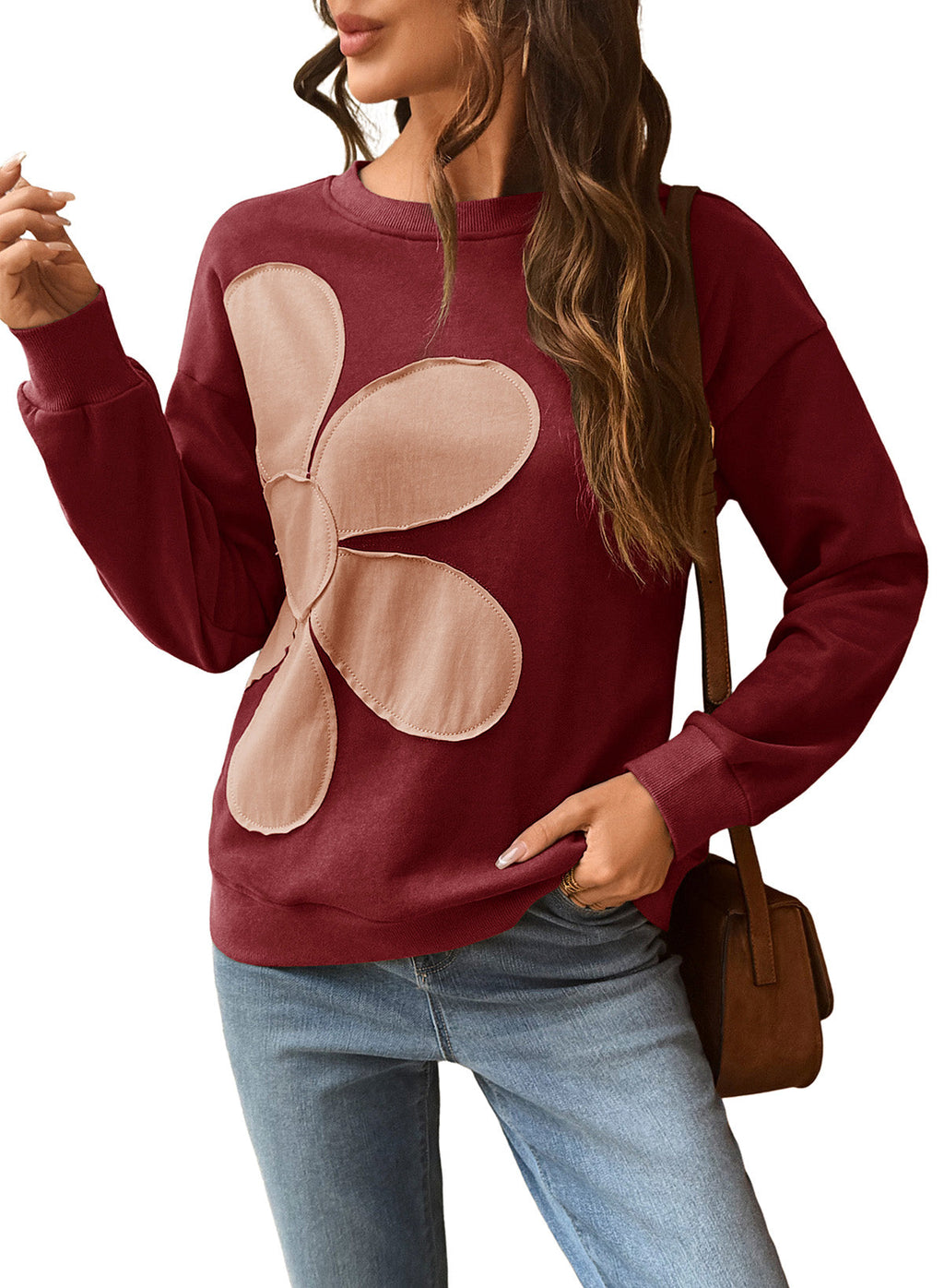 Womens Sweatshirt Long Sleeve Crew Neck Pullover Tops Floral Clothes