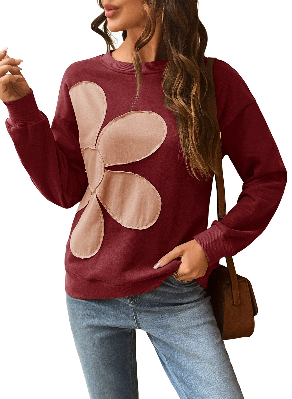 Womens Sweatshirt Long Sleeve Crew Neck Pullover Tops Floral Clothes