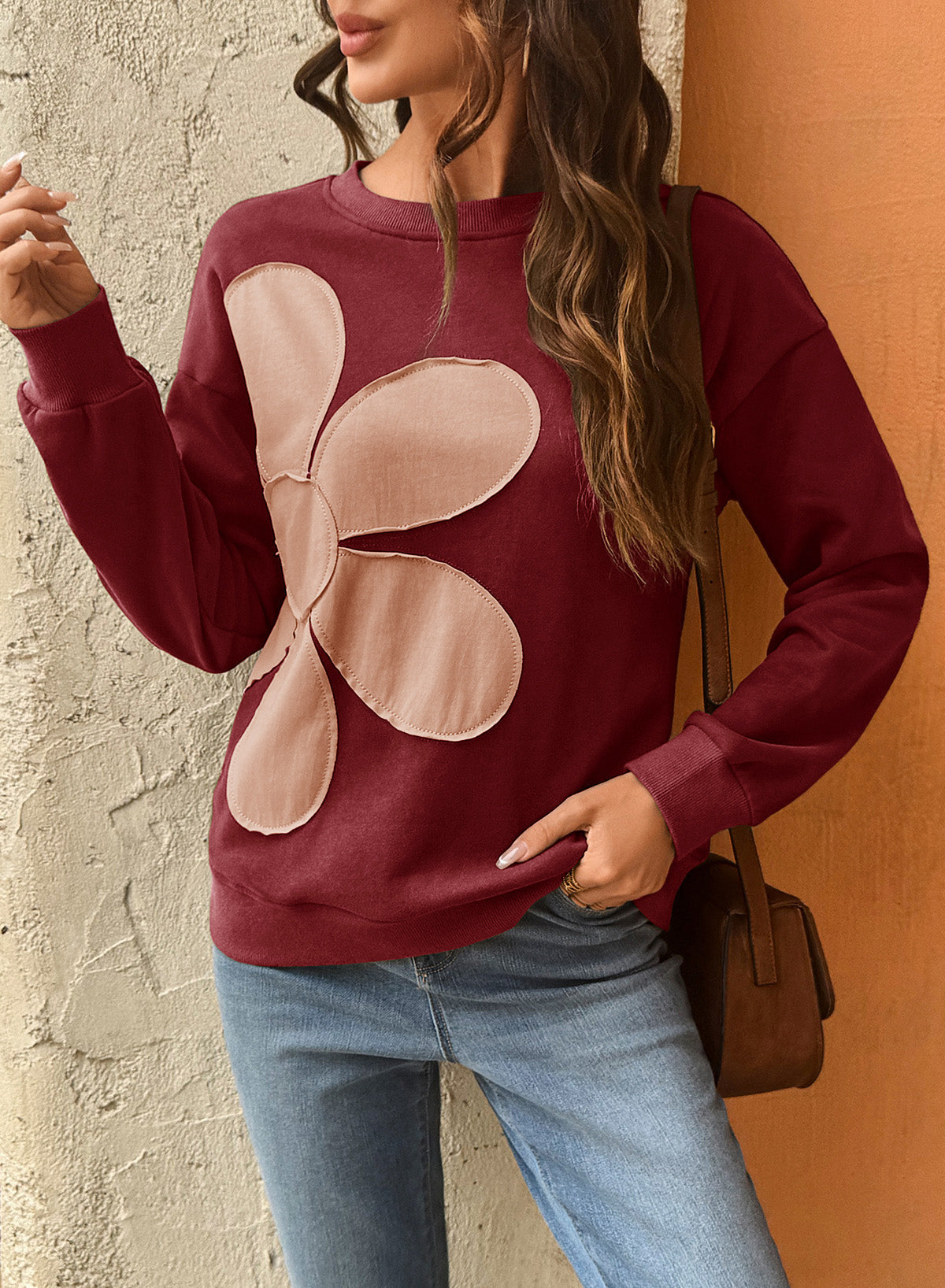 Womens Sweatshirt Long Sleeve Crew Neck Pullover Tops Floral Clothes