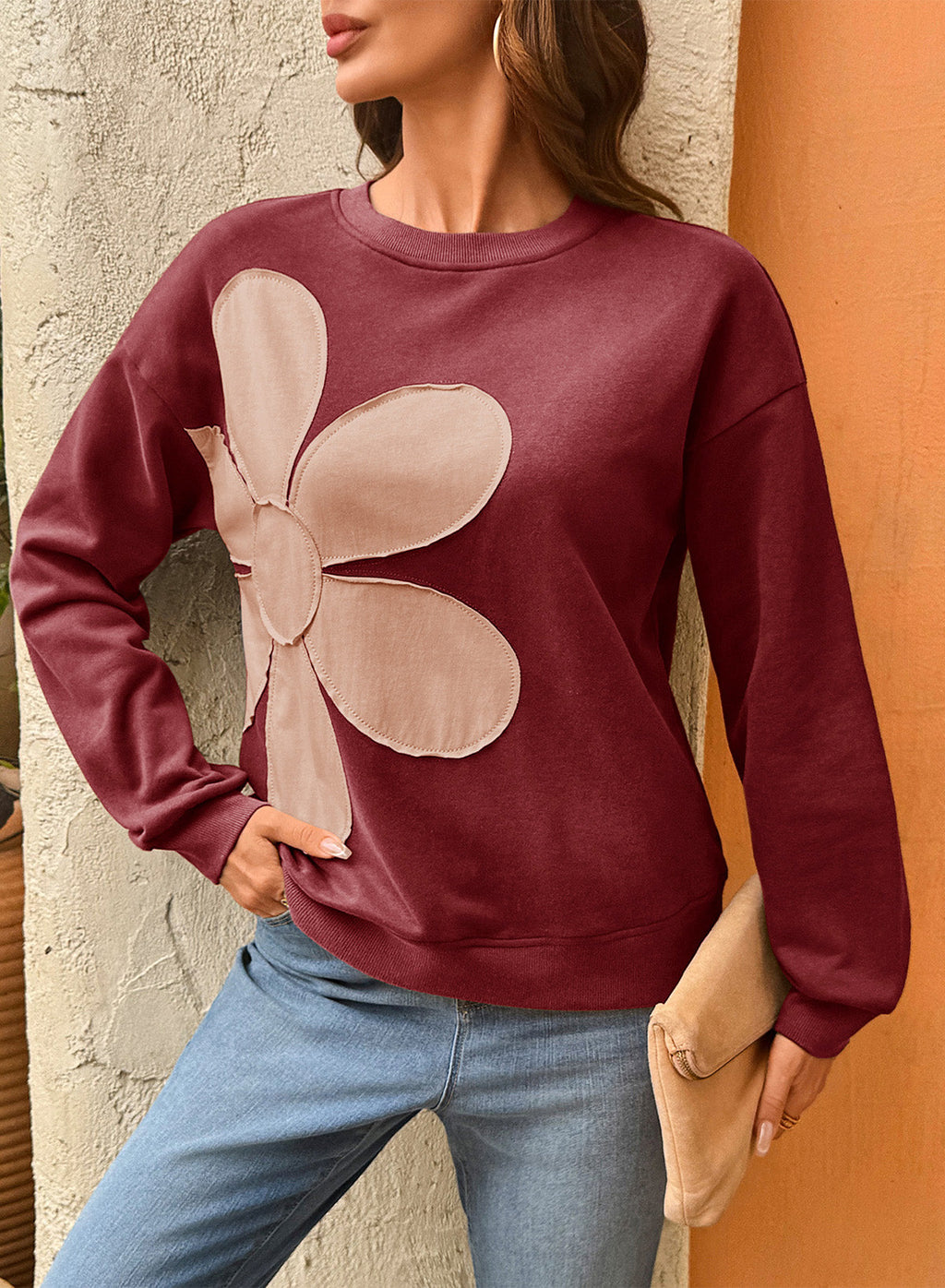 Womens Sweatshirt Long Sleeve Crew Neck Pullover Tops Floral Clothes