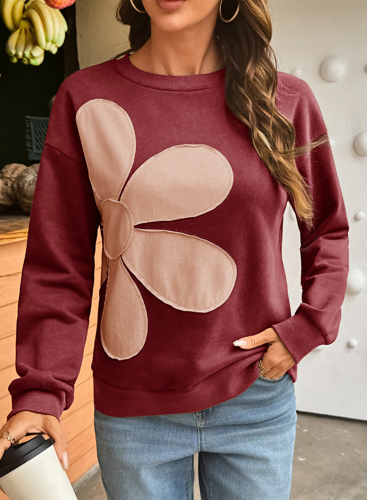 Womens Sweatshirt Long Sleeve Crew Neck Pullover Tops Floral Clothes